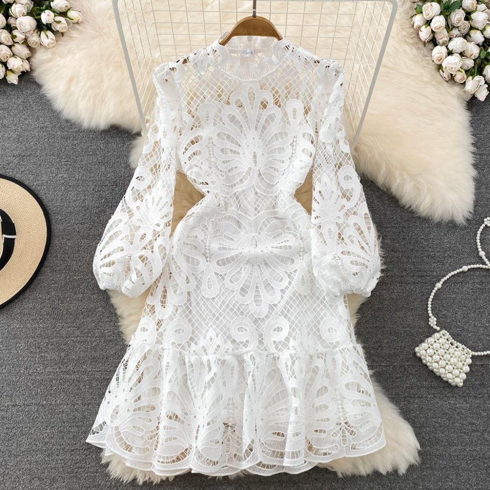 Women Vintage 3/4 puff Sleeve Mock NeckLace Embroidery Mini Short Dress, Size XL